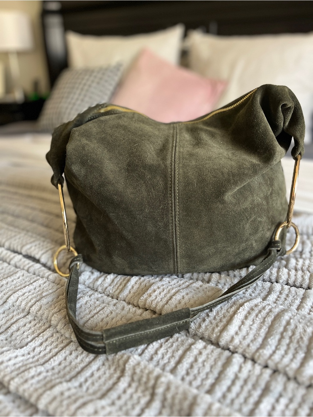 Olive Suede Hobo Shoulder Bag